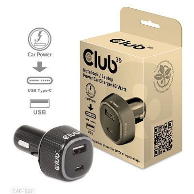 BAZAR - Club3D Auto nabíječka pro Notebooky 63W, 2 porty (USB-A + USB-C) - Poškozený obal (Náhradní krabice)