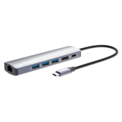 MANHATTAN Dokovací stanice USB-C 6v1, 1xHDMI, 1xUSB-C, 3xUSB, 1xRJ45, šedá