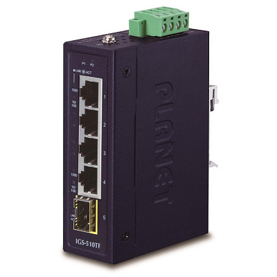 Planet IGS-510TF Switch průmyslový, 4x 1000Base-t, 1x SFP, dual power, 9-48VDC, -40 +75°C
