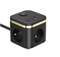 Viking síťový adaptér YC33, 3x 230 V, 1x USB-A, 2x USB-C, tlačítko ON/OFF, délka 1,4 m, černá