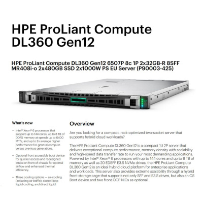 HPE PL DL360g12 6507P (3.5G/8C) 2x32G (P69727) 2x480G MR408i-o 8SFF 2x1000W 2p10G-T NBD333 Smart Choice