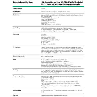 HPE Aruba Networking AP-734 (RW) Tri Radio 2x2 Wi-Fi 7 External Antennas Campus Access Point S1G32AR RENEW