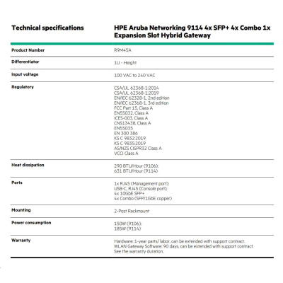 HPE Aruba Networking 9114 4x SFP+ 4x Combo 1x Expansion Slot Hybrid Gateway