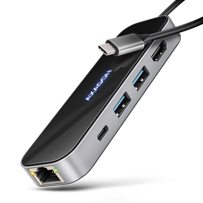 AXAGON HMC-6GLN, USB 5Gbps hub, 2x USB-A, USB-C, HDMI 4k/60Hz, RJ-45 GLAN, PD 100W, kabel USB-C 20cm