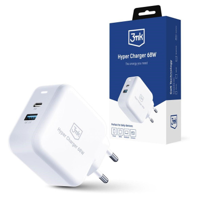 3mk síťová nabíječka - Hyper Charger 68W, GaN, 1x USB-C (PD), 1x USB, bílá